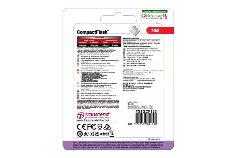 Transcend - Flashhukommelseskort - 1 Gb - Compactflash