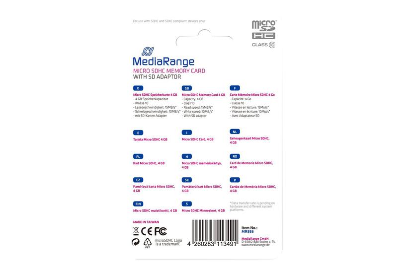 Mediarange - Flashhukommelseskort - 4 Gb - Microsdhc