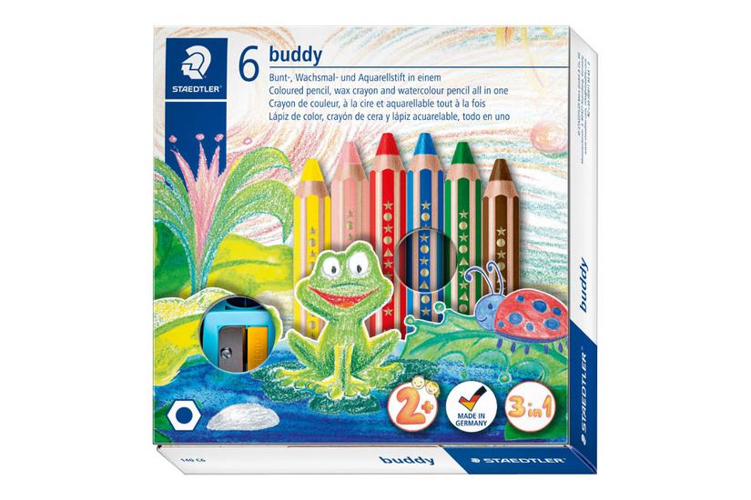 Staedtler Buddy 3 In 1 - Vandfarveblyant - Rød, Blå, Grøn, Gul, Van Dyke-brun, Skindtone (pakke Med 6)