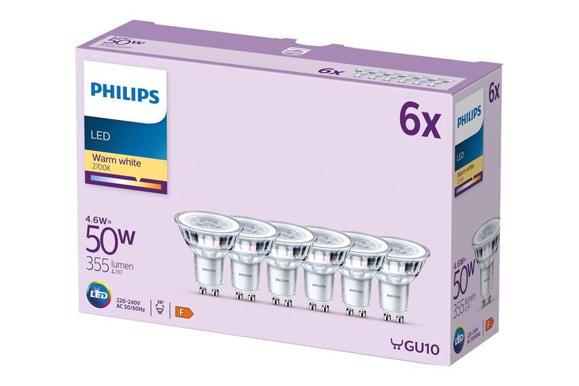 Philips - Led-spot Lyspære - Klar Finish - Gu10 - 4.6 W - Varmt Hvidt Lys - 2700 K (pakke Med 6)