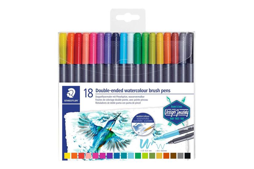 Staedtler 3001 - Børstepen Med Dobbeltspids - Assorterede Vandfarver (pakke Med 18)