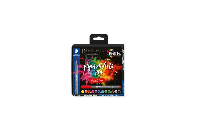 Staedtler 371 - Børstepen Og Fiberspidspennesæt - Gul, Rød, Blå, Lyseblå, Orange, Grøn, Pilegrøn, Violet, Rød Violet, Brun, Kølig Grå Medium, Intens Sort - 12 Stykker