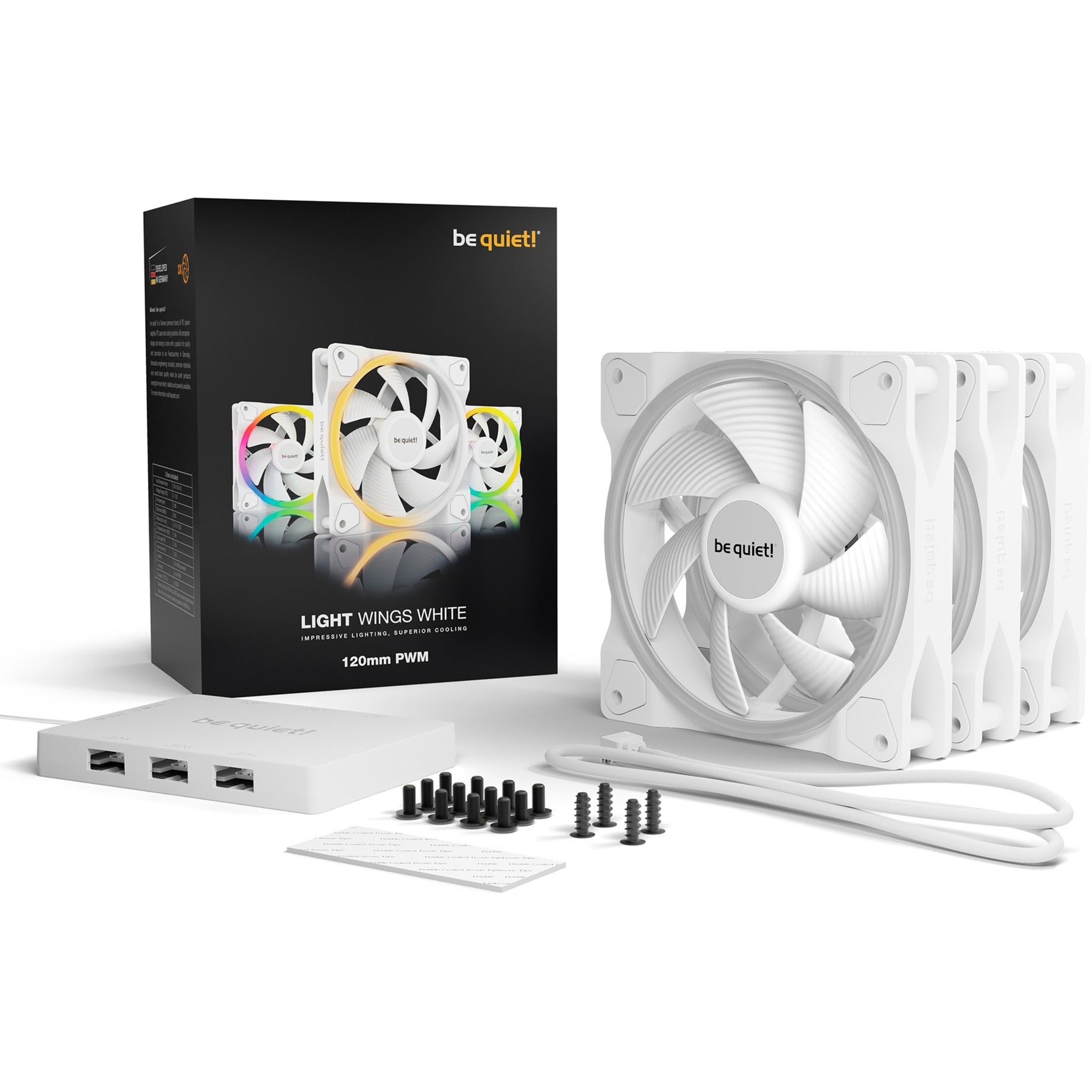 Be Quiet! Light Wings White 120mm Pwm Triple Pack, Case Fan (white, Pack Of 3, Incl. Argb Hub) Kabinet Blæser - Geekd.dk