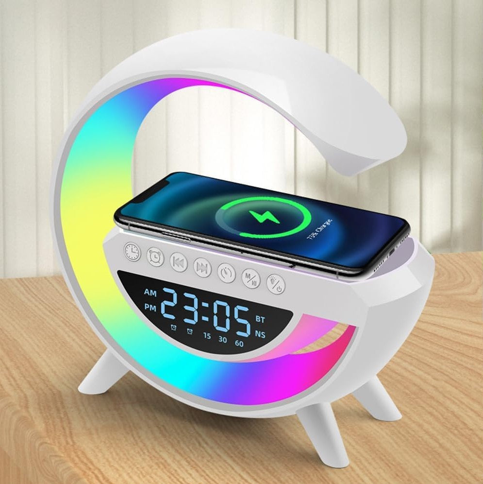 Lampe Oval Med Ur Og Trådløs Opladning, Bluetooth Højttaler