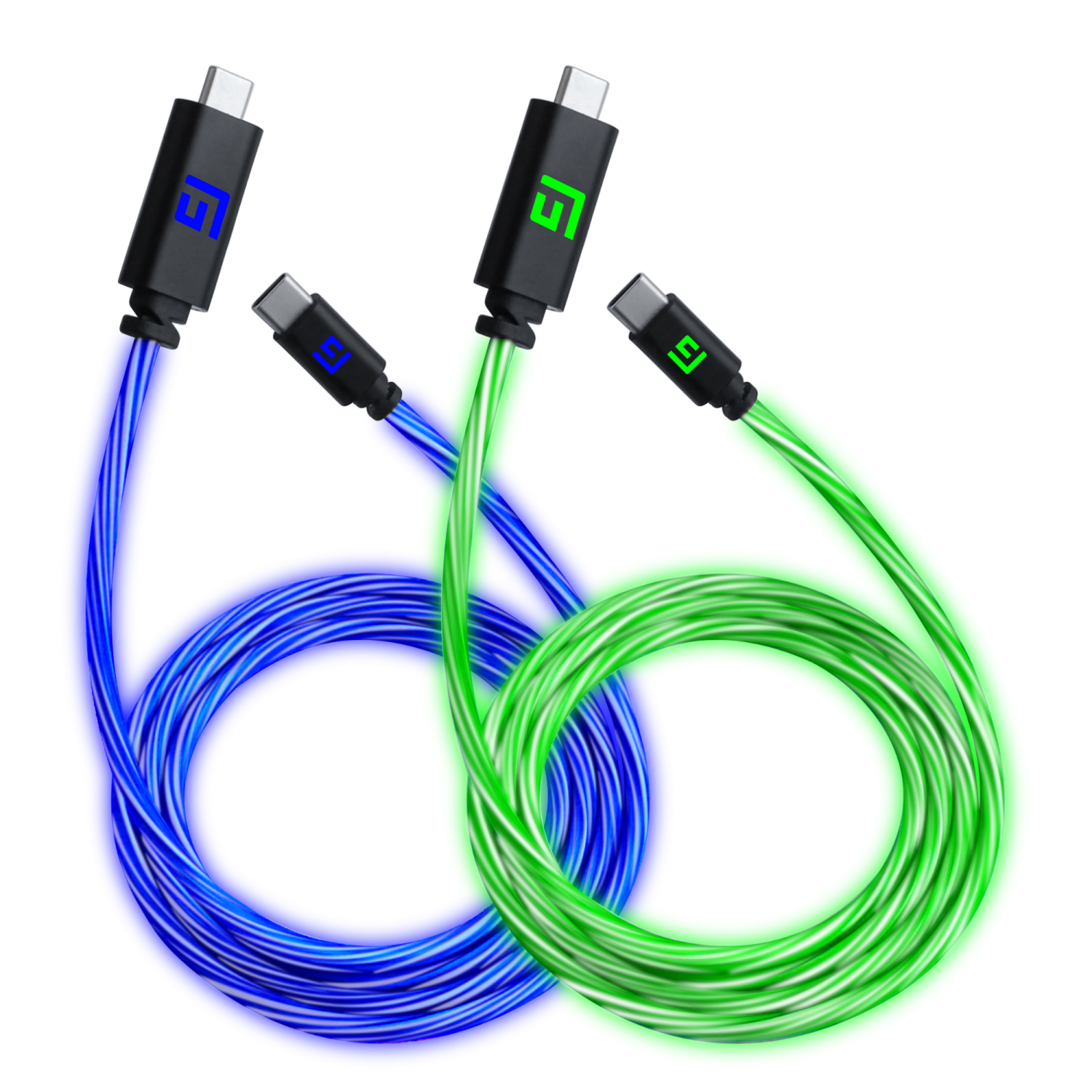 Floating Grip 2x 1,5m Usb-c/usb-c Cable With Led Light - Blue And Green Kabler - Geekd.dk