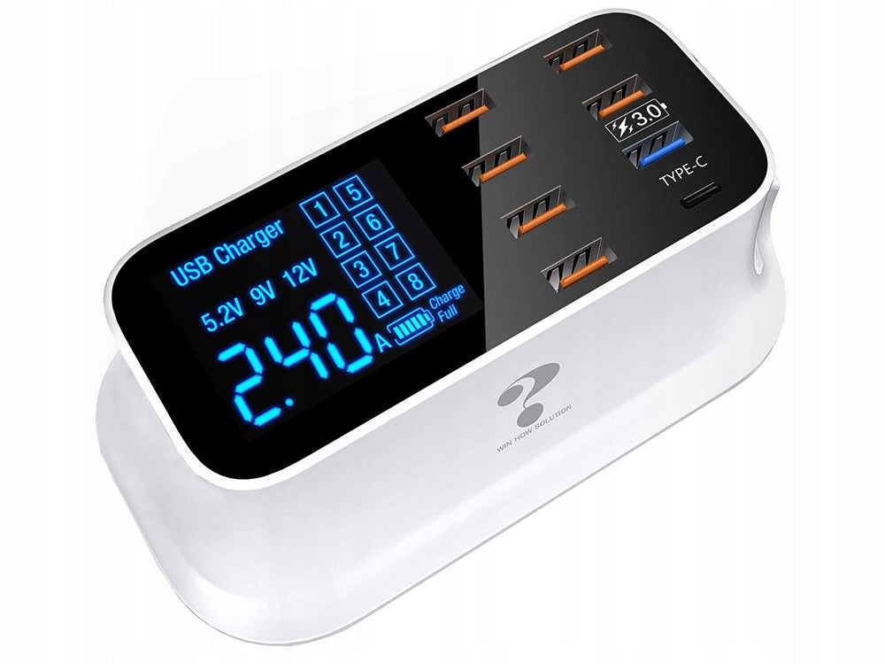 Hurtigoplader Til Mobil Med 7 Usb + 1 Usb-c Med Lcd Skærm - 40w