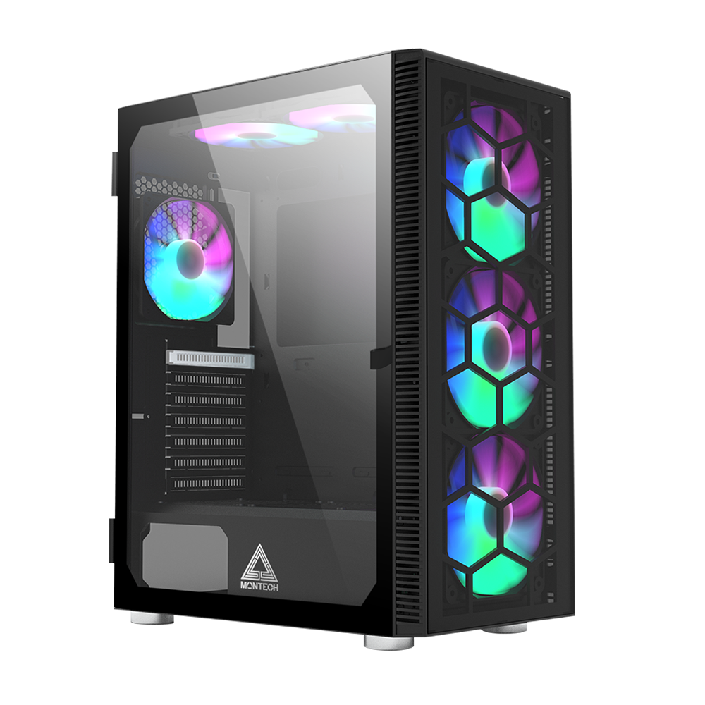 Montech X3 Glas Sort - 6 Fans Inkluderet (statisk Rgb) - Tempereret Glas Side Kabinet - Geekd.dk