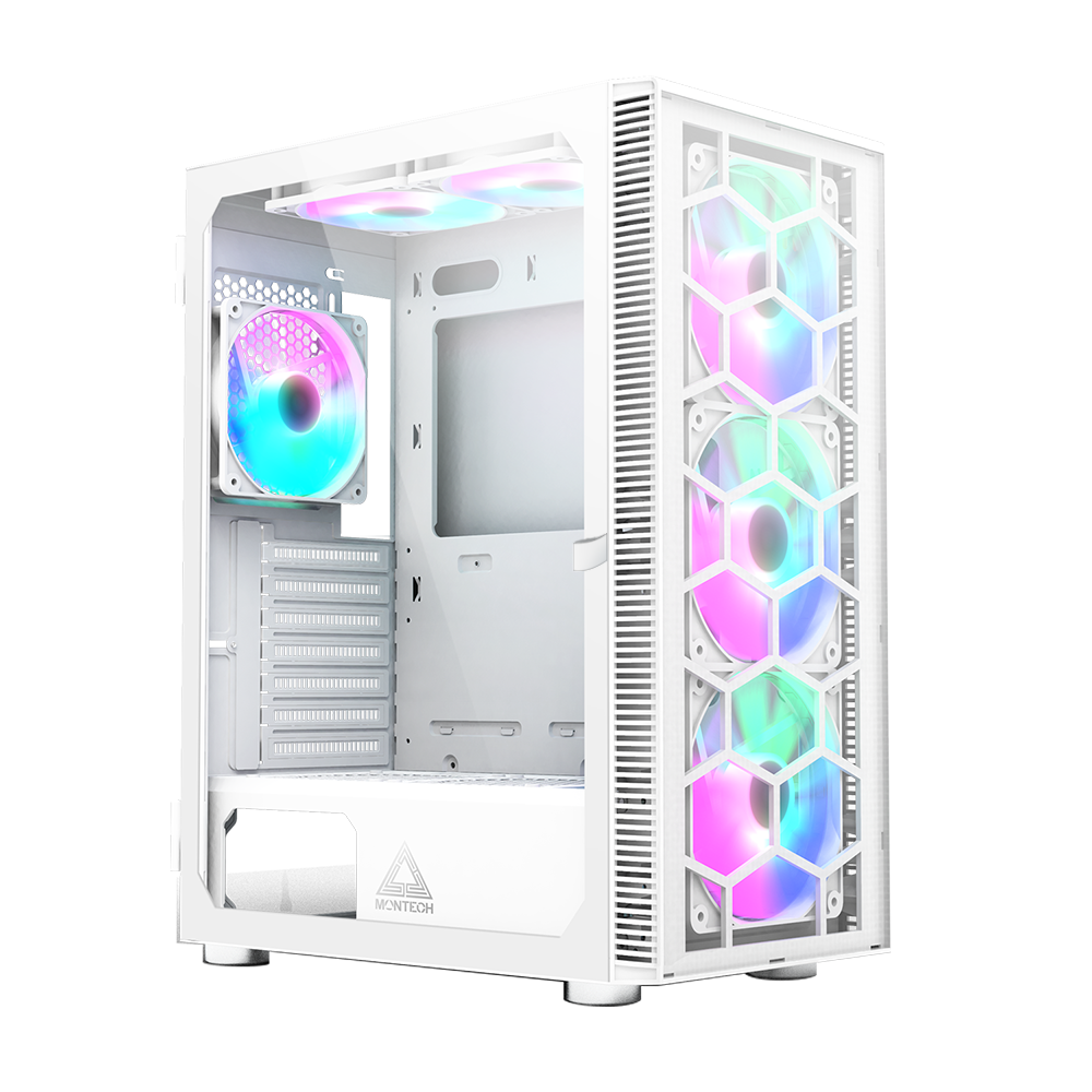 Montech X3 Glass White - 3x 140mm Static Rgb Fans + 3x 120mm Static Rgb Fans, Side Swivel Tempered Glass Kabinet - Geekd.dk