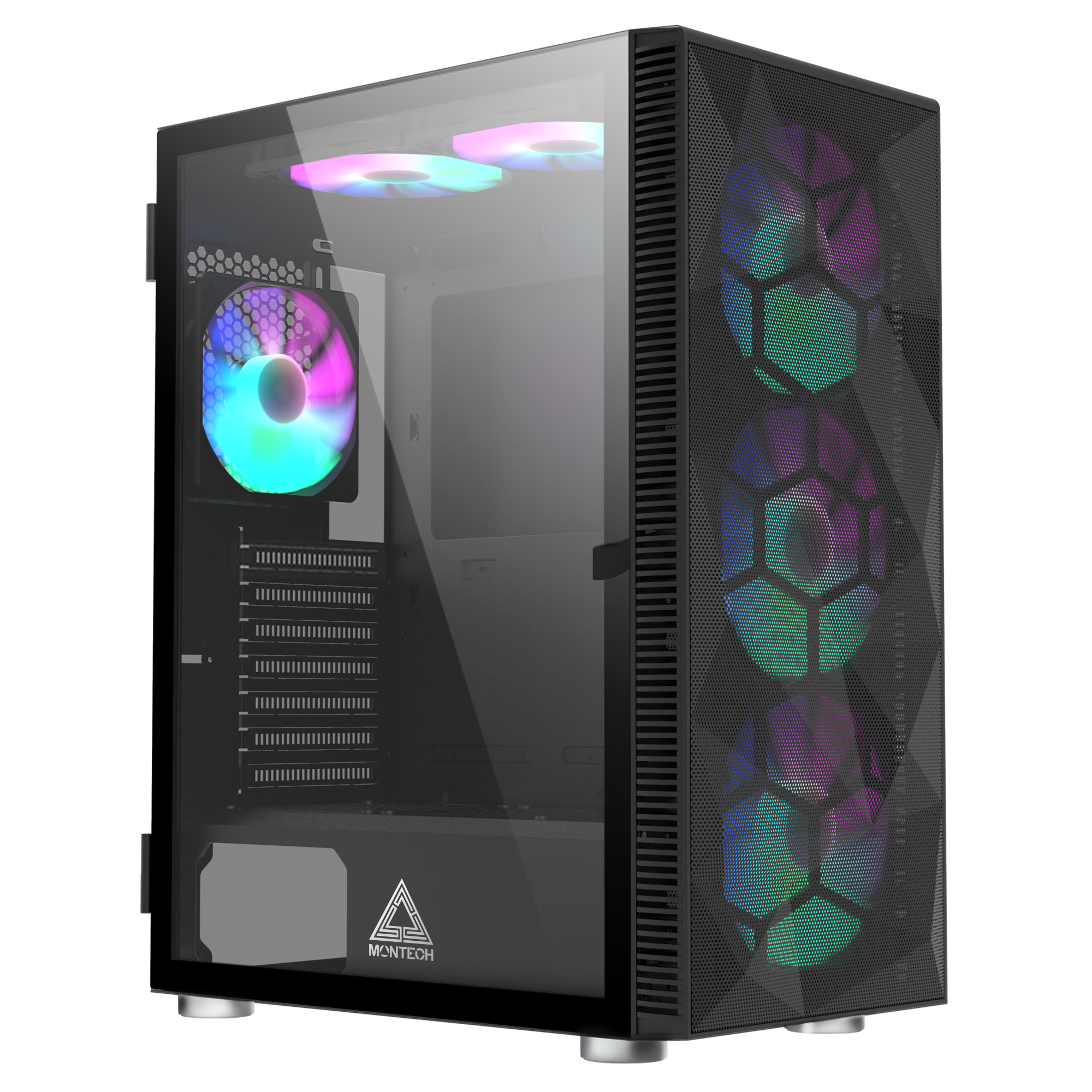 Montech X3 Mesh Black - 3x 140mm Static Rgb Fans + 3x 120mm Static Rgb Fans, Side Swivel Tempered Glass Kabinet - Geekd.dk