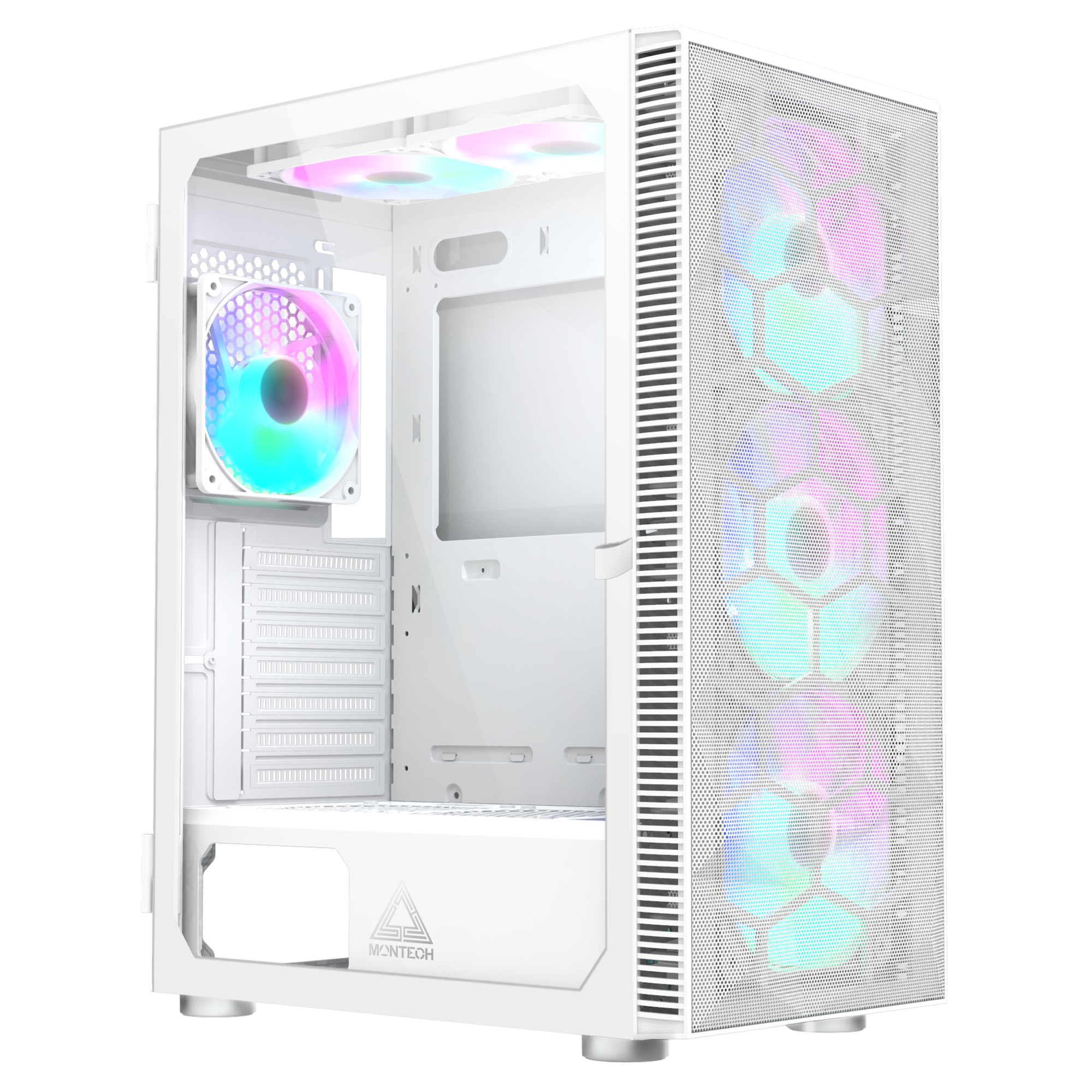 Montech X3 Mesh White - 3x 140mm Static Rgb Fans + 3x 120mm Static Rgb Fans, Side Swivel Tempered Glass Kabinet - Geekd.dk
