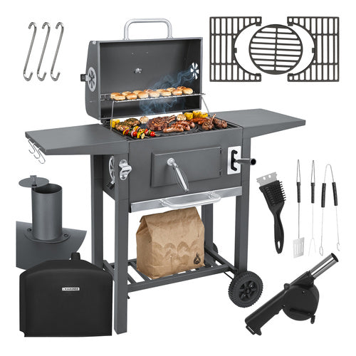 Kulgrill Med Låg, Termometer Og Støbejernsriste  Inkl. Overtræk & Grilltilbehør