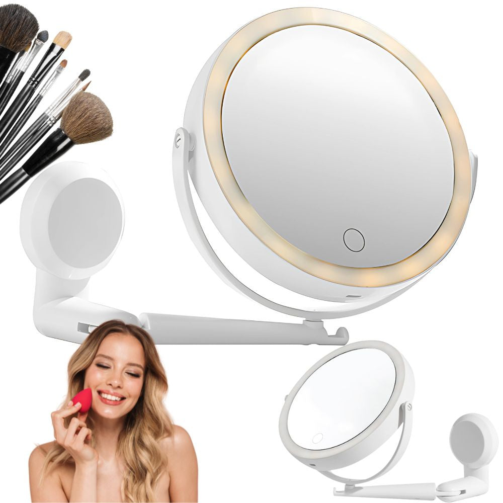 Makeup Spejl Med Lys & Forstørrelse  360° Drejbart Vægspejl