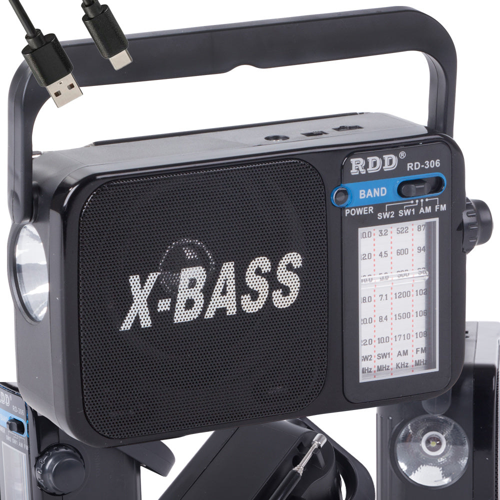 Radio, Bærbar,  Fm/am/sw, Genopladelig Med X-bass & Lommelygte