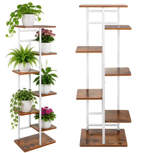 Blomsterreol Med 7 Hylder I Loft Design  Hvid Plantestander Med Trælook