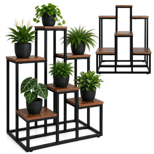 Blomsterreol Med 6 Hylder I Loft Design  Plantestander I Metal Og Trælook