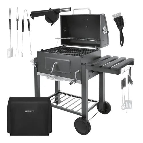Kulgrill Med Låg & Termometer  Stor Havegrill Med Støbejernsrist, Askeskuffe & Tilbehør
