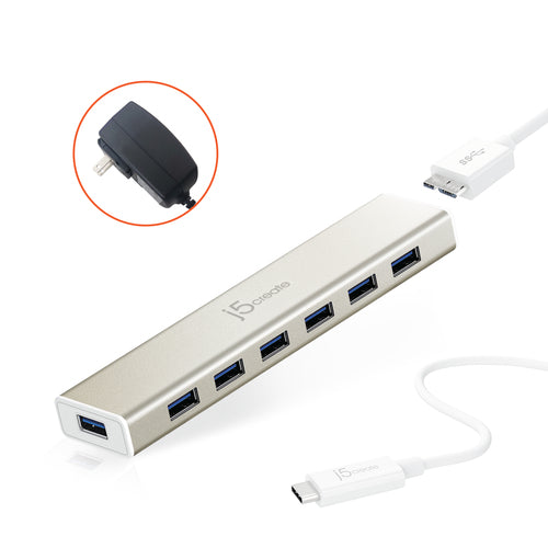 J5create Jch377  -  Usb-c-hub Med 7 Usb-a-porte  -  Eu/uk Adapter - Geekd.dk
