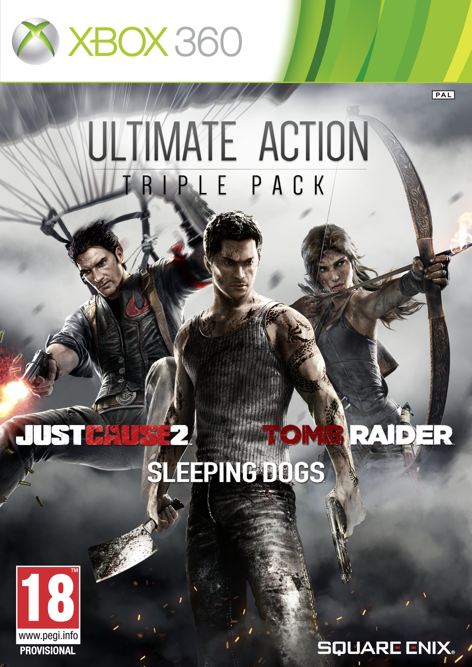 Ultimate Action Triple Pack: Just Cause 2, Sleeping Dogs & Tomb Raider  -  Xbox 360 Xbox Spil - Geekd.dk