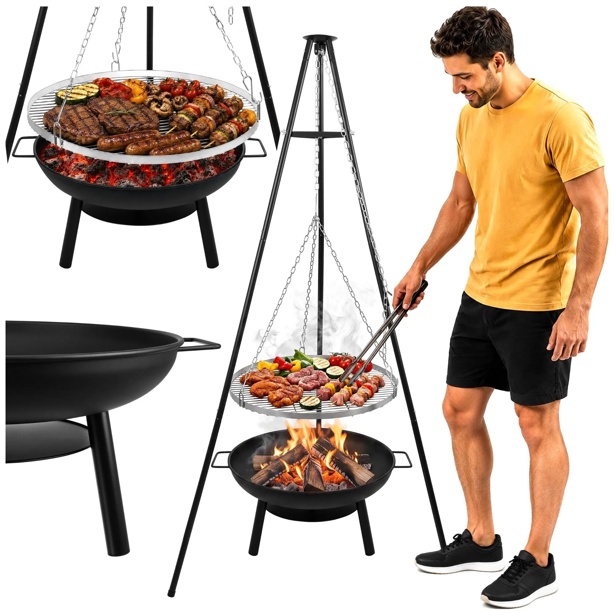 Trebensgrill Med Bålfad  Hængegrill Med 58 Cm Grillrist & Justerbar Højde
